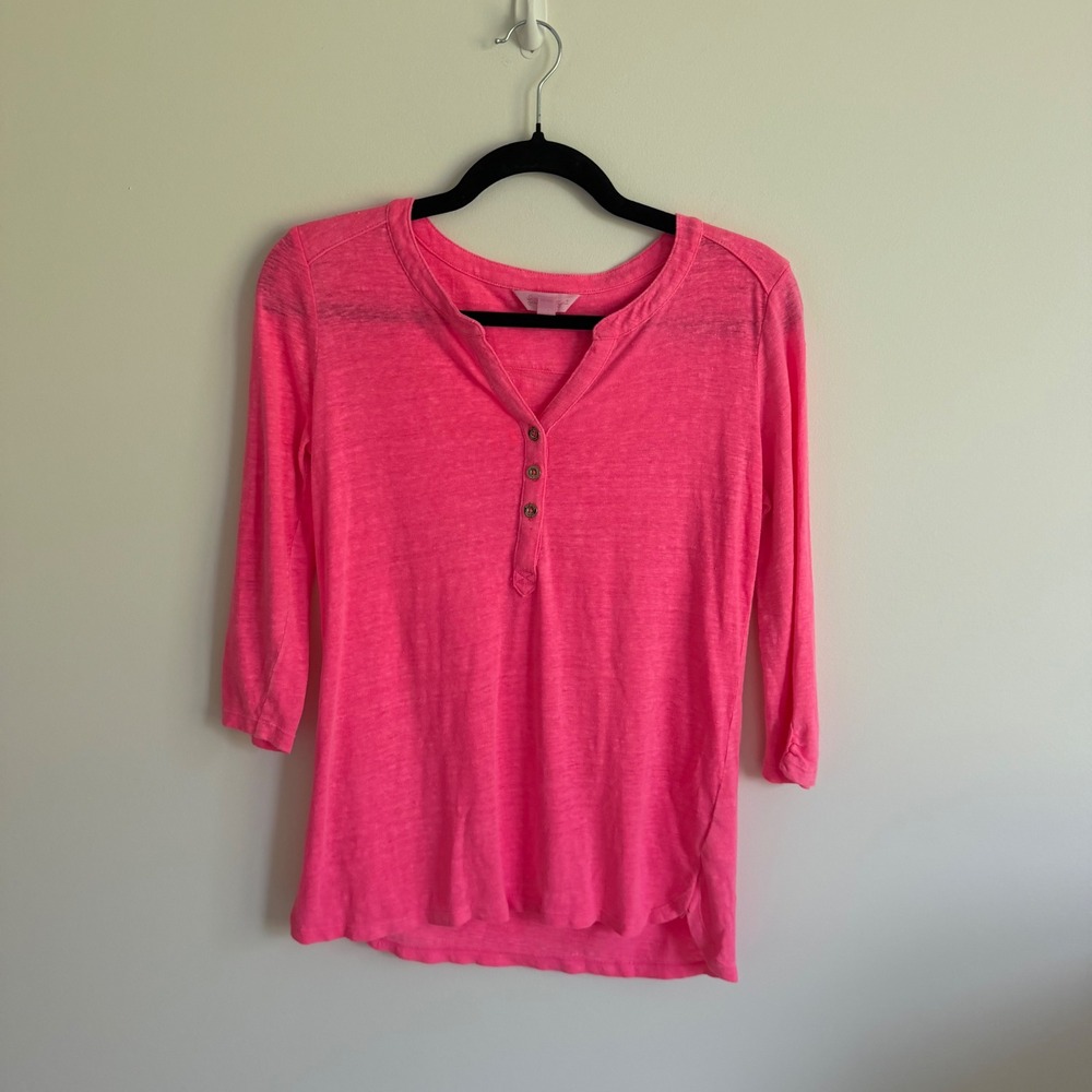 Lilly Pulitzer Etta Henley Top Neon Pink 100% Linen 3/4 Sleeve Womens XS